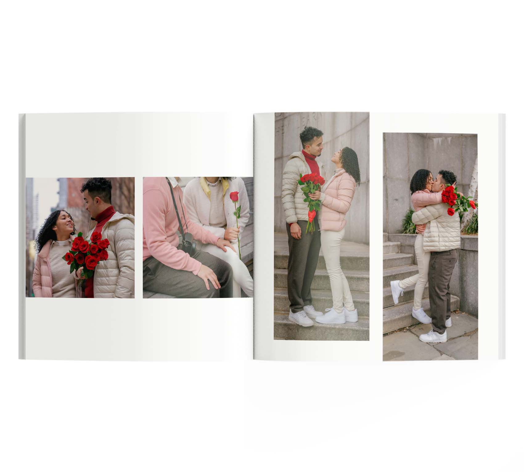 Interior de fotolibro con 4 fotos de pareja enamorada en la calle.