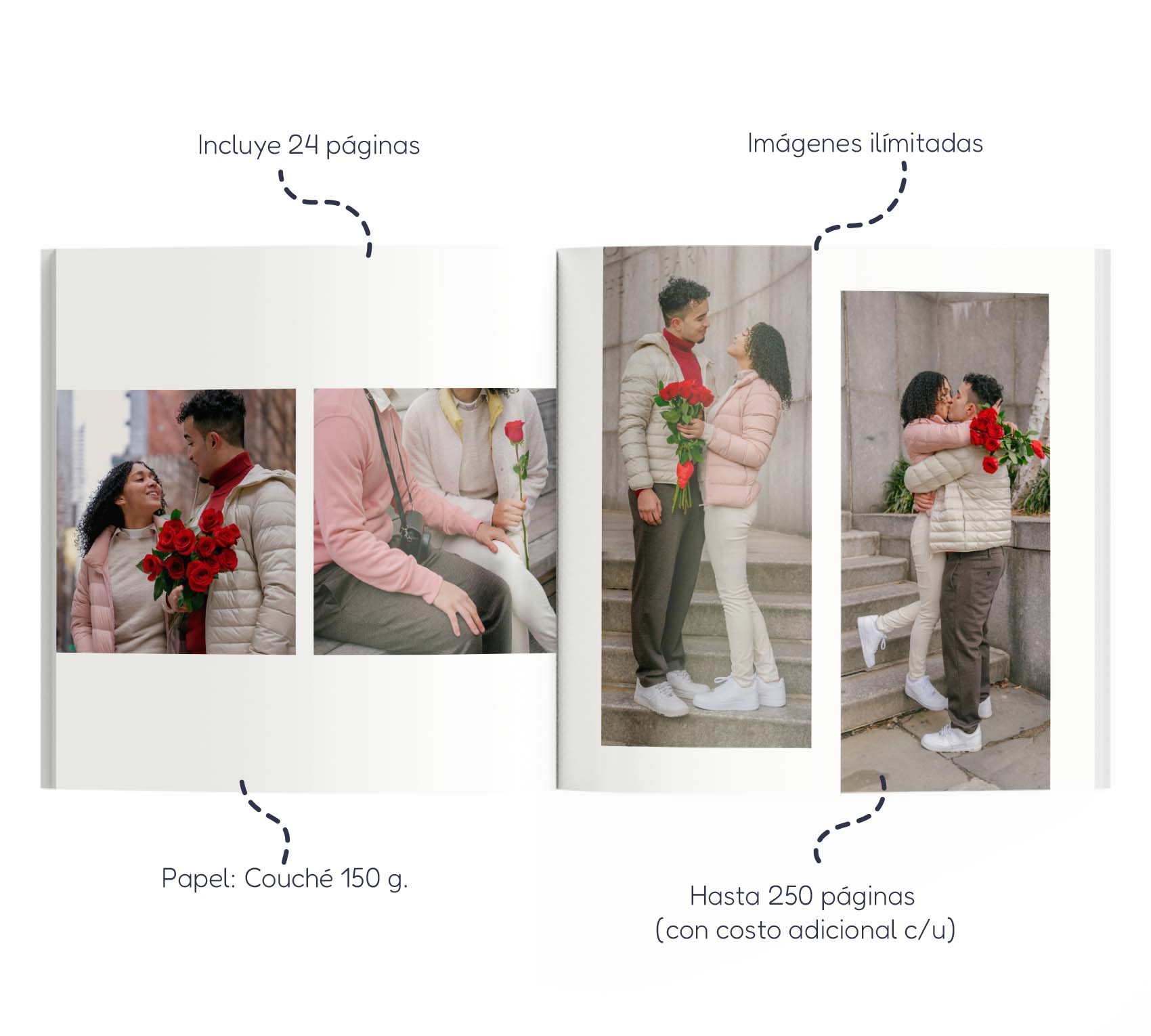 Interior de fotolibro con 4 fotos de pareja enamorada en la calle.