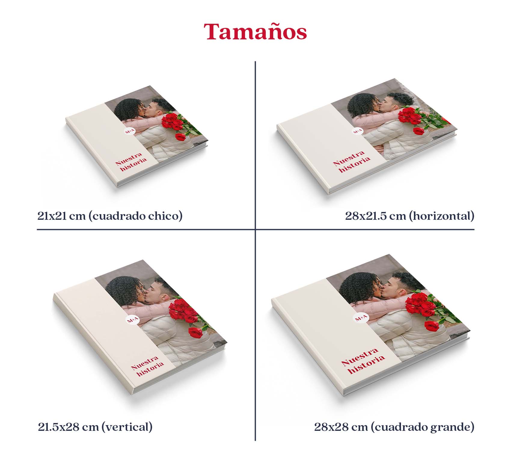 Medidas de photobook de pareja en pasta dura y pasta blanda.