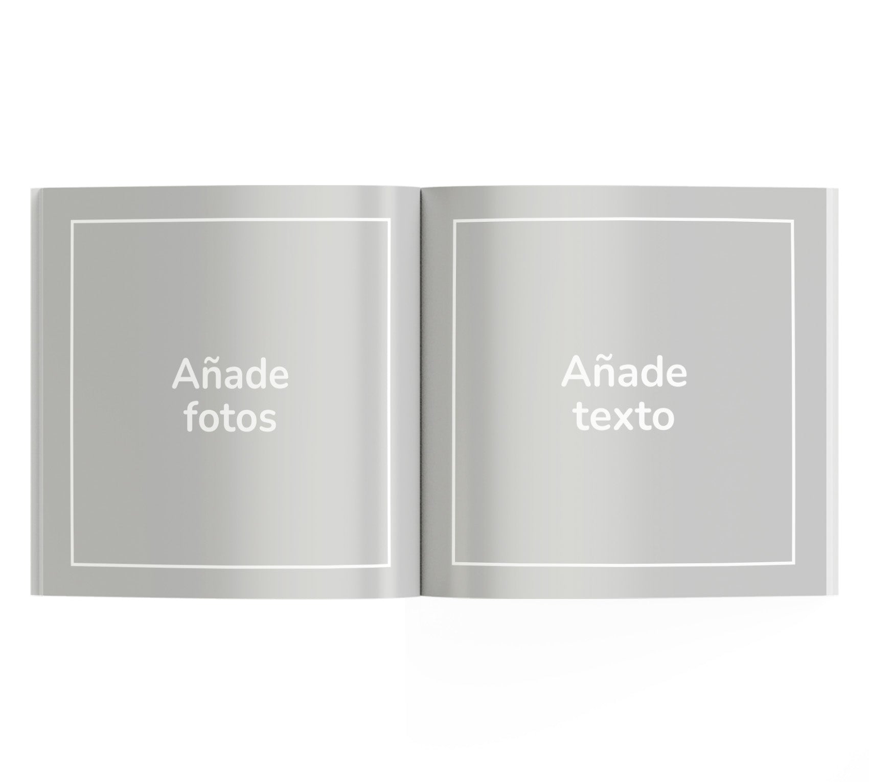 Interior de fotolibro para personalizar, con títulos "Añade fotos" y "Añade texto".