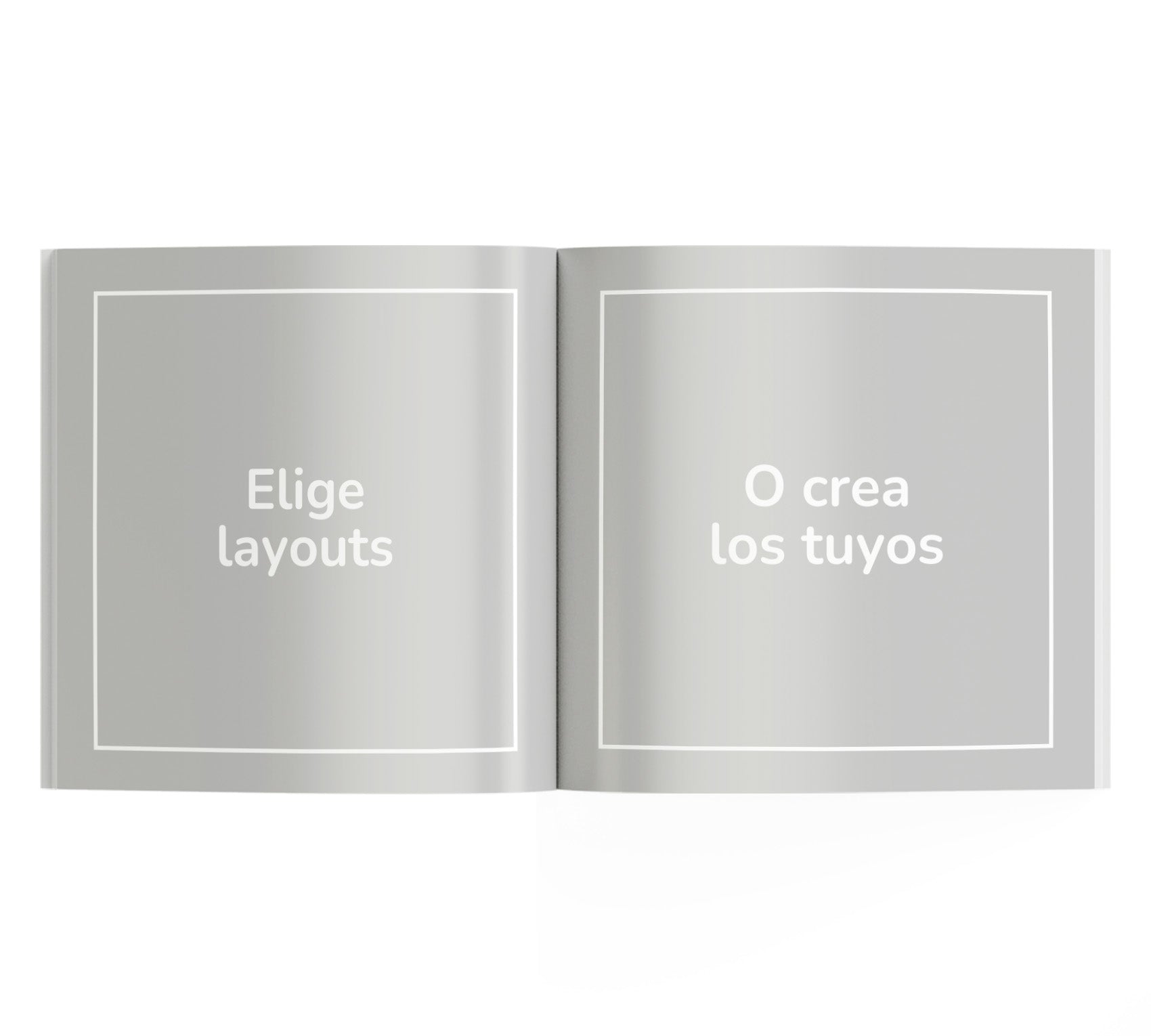 Interior de fotolibro para personalizar, con títulos "Elige layouts" y "O crea los tuyos".