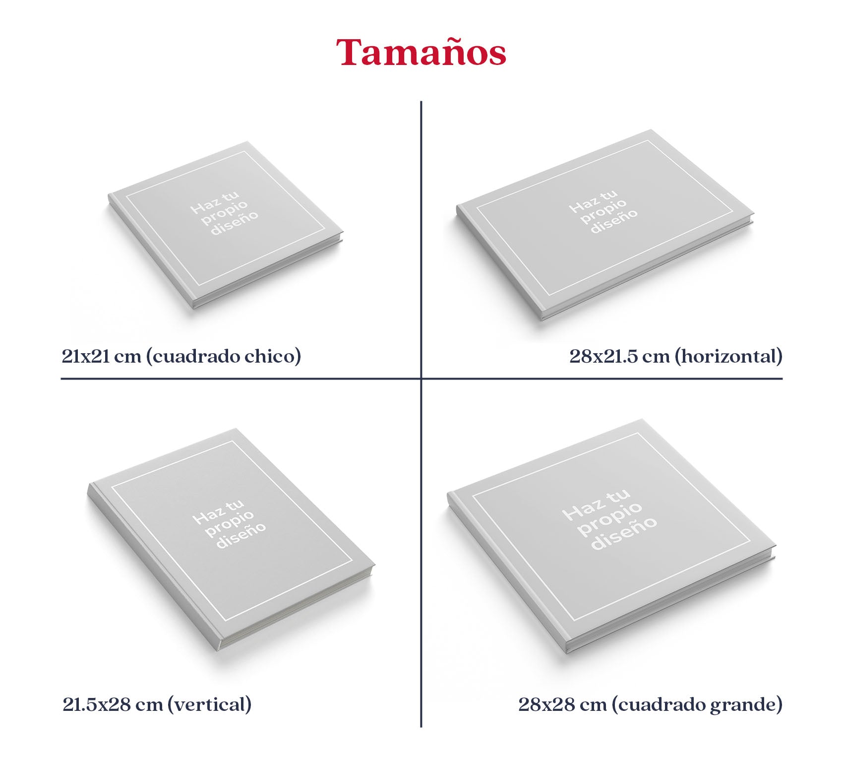 Medidas de photobook personalizado en pasta dura y pasta blanda.