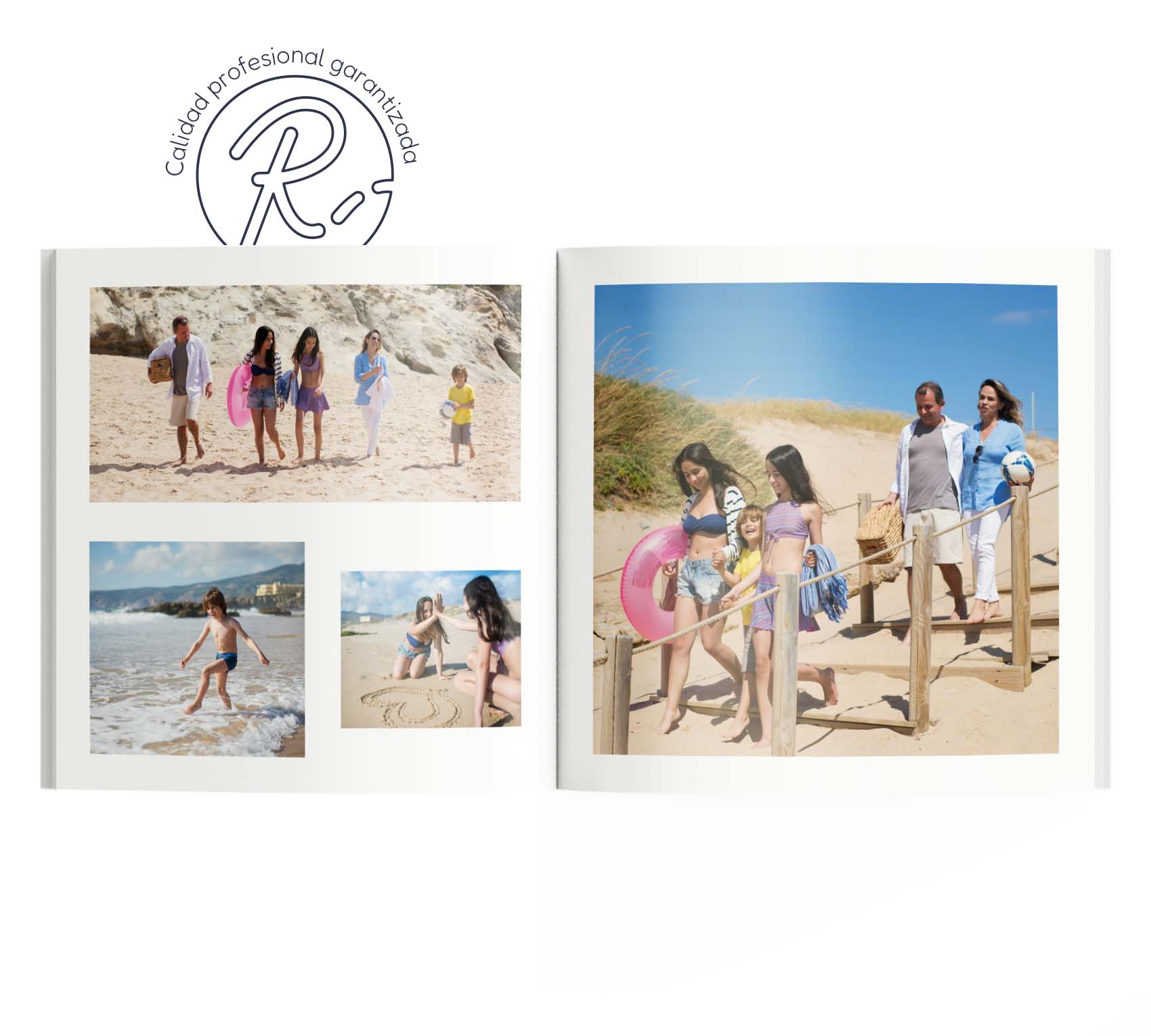 Interior de fotolibro con 4 fotos de una familia en la playa.