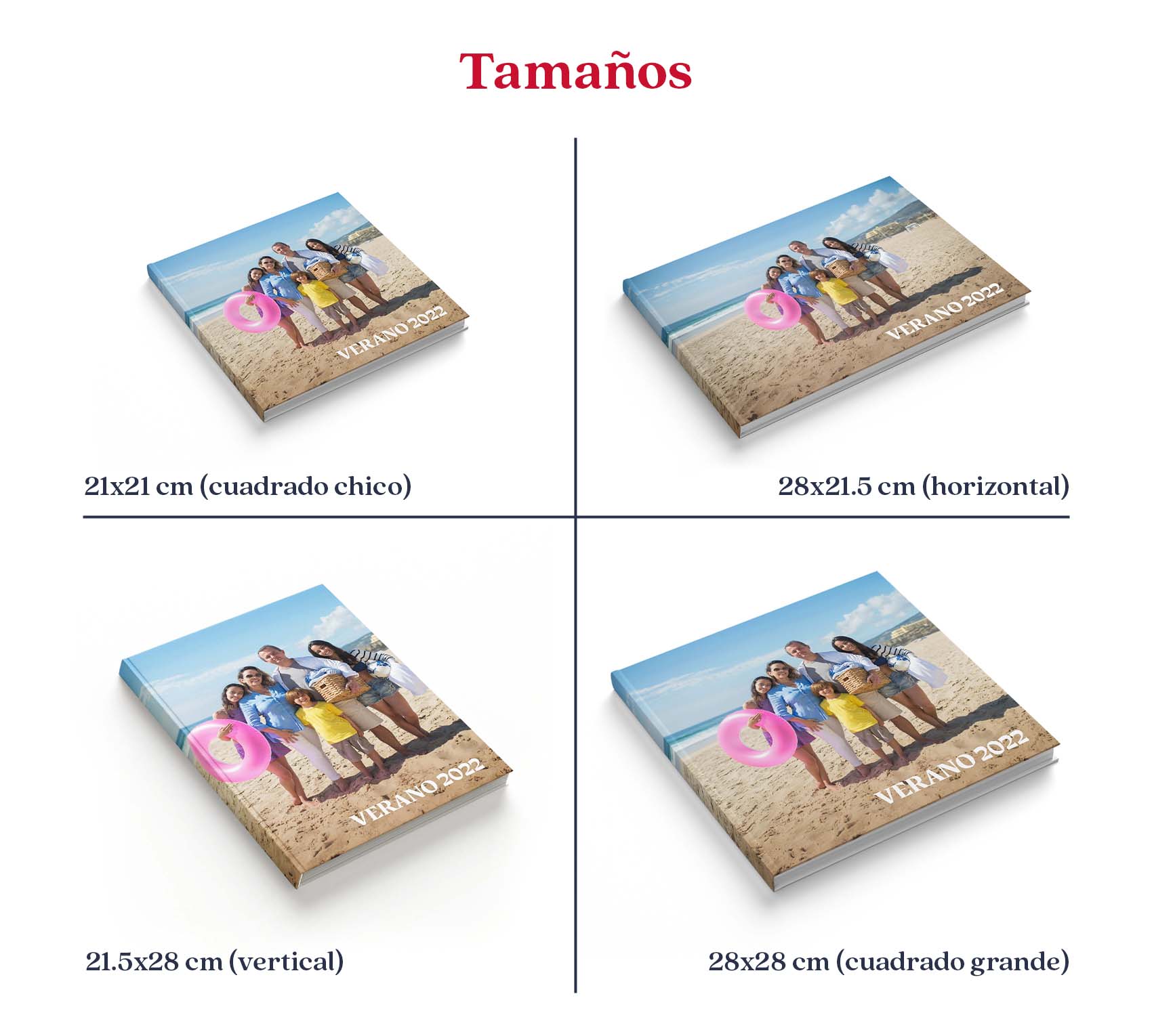 Medidas de photobook de vacaciones o viaje en pasta dura y pasta blanda.
