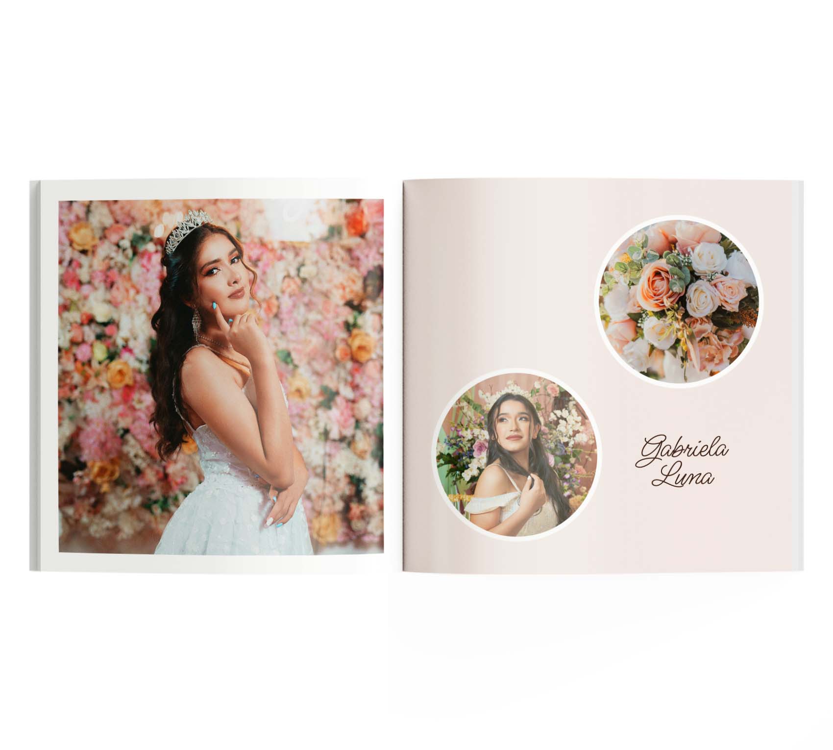 Interior de fotolibro con 3 fotos de quinceañera y el nombre "Gabriela Luna".