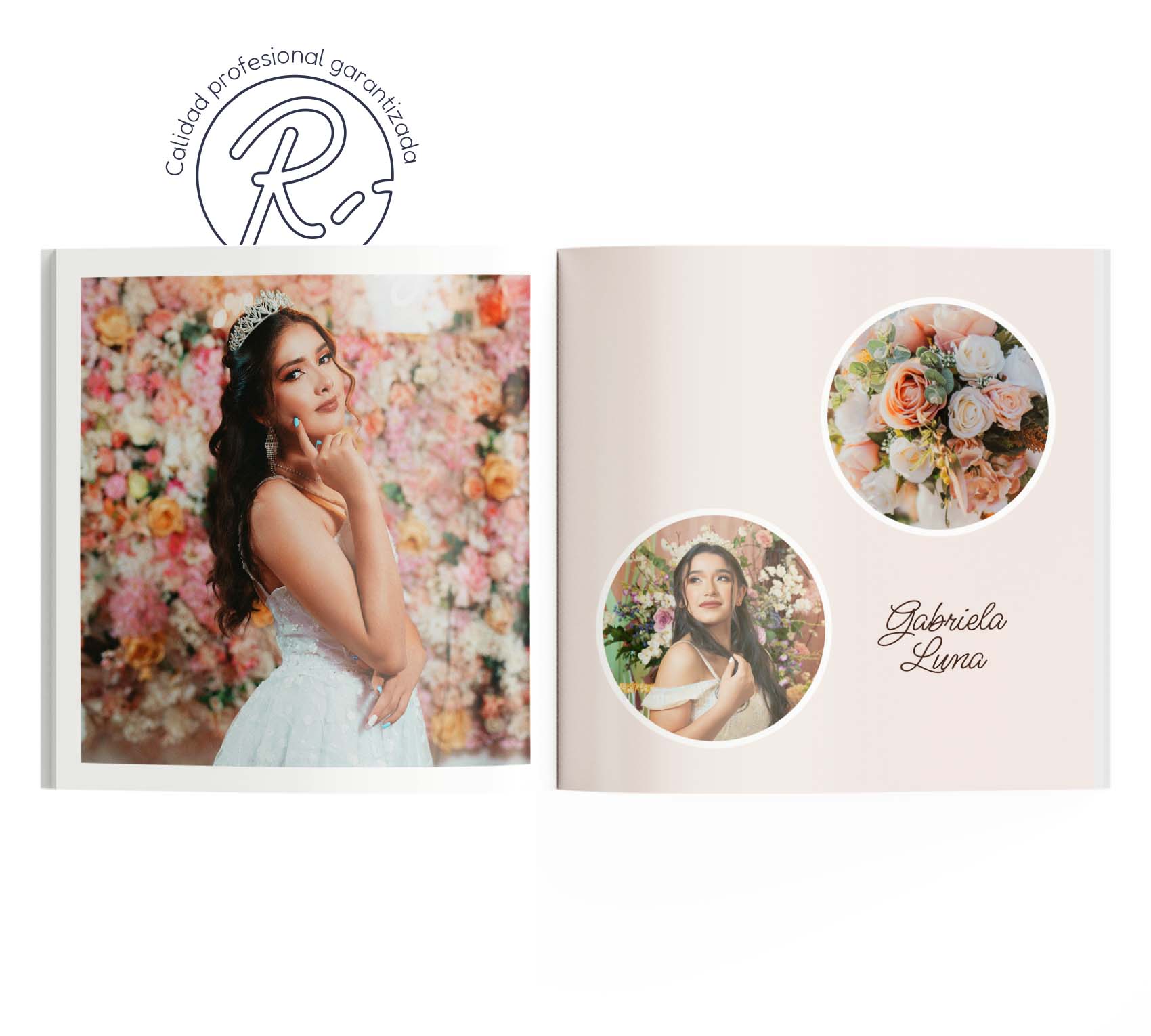 Interior de fotolibro con 3 fotos de quinceañera y el nombre "Gabriela Luna".