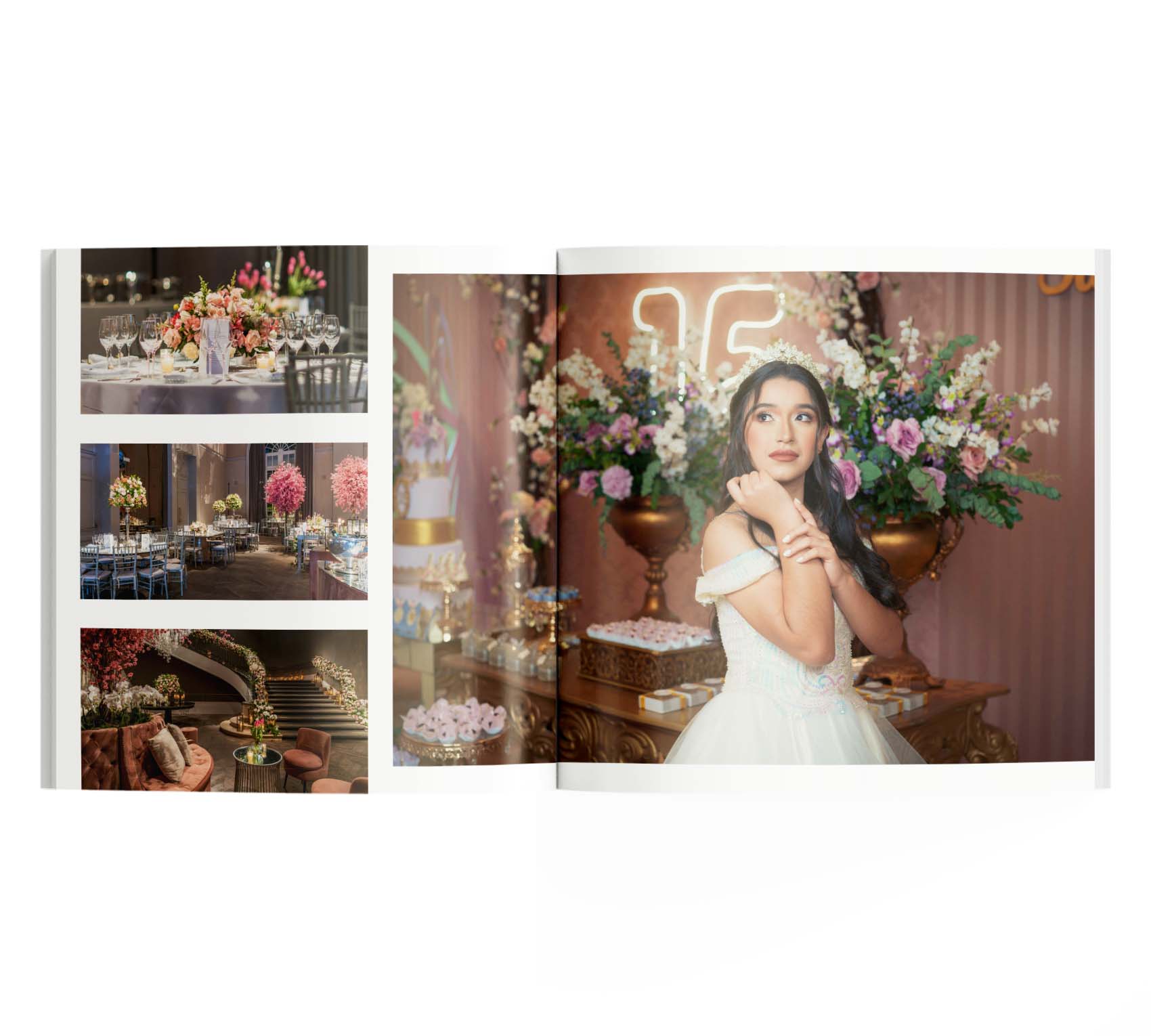 Interior de fotolibro con 3 fotos de fiesta de 15 años y una foto de quinceañera.