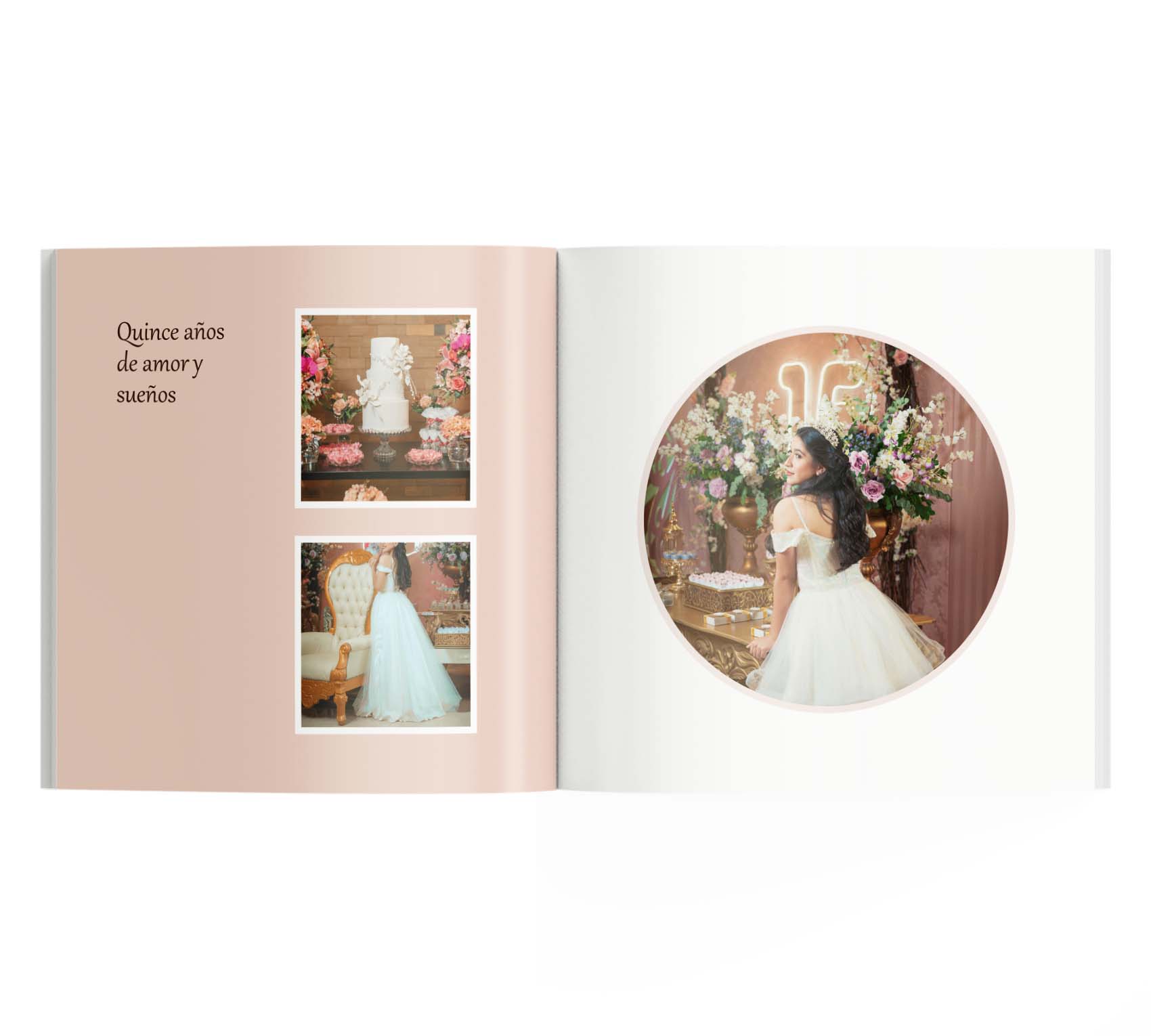Interior de fotolibro con 2 fotos de quinceañera, un pastel de 15 años y dedicatoria.