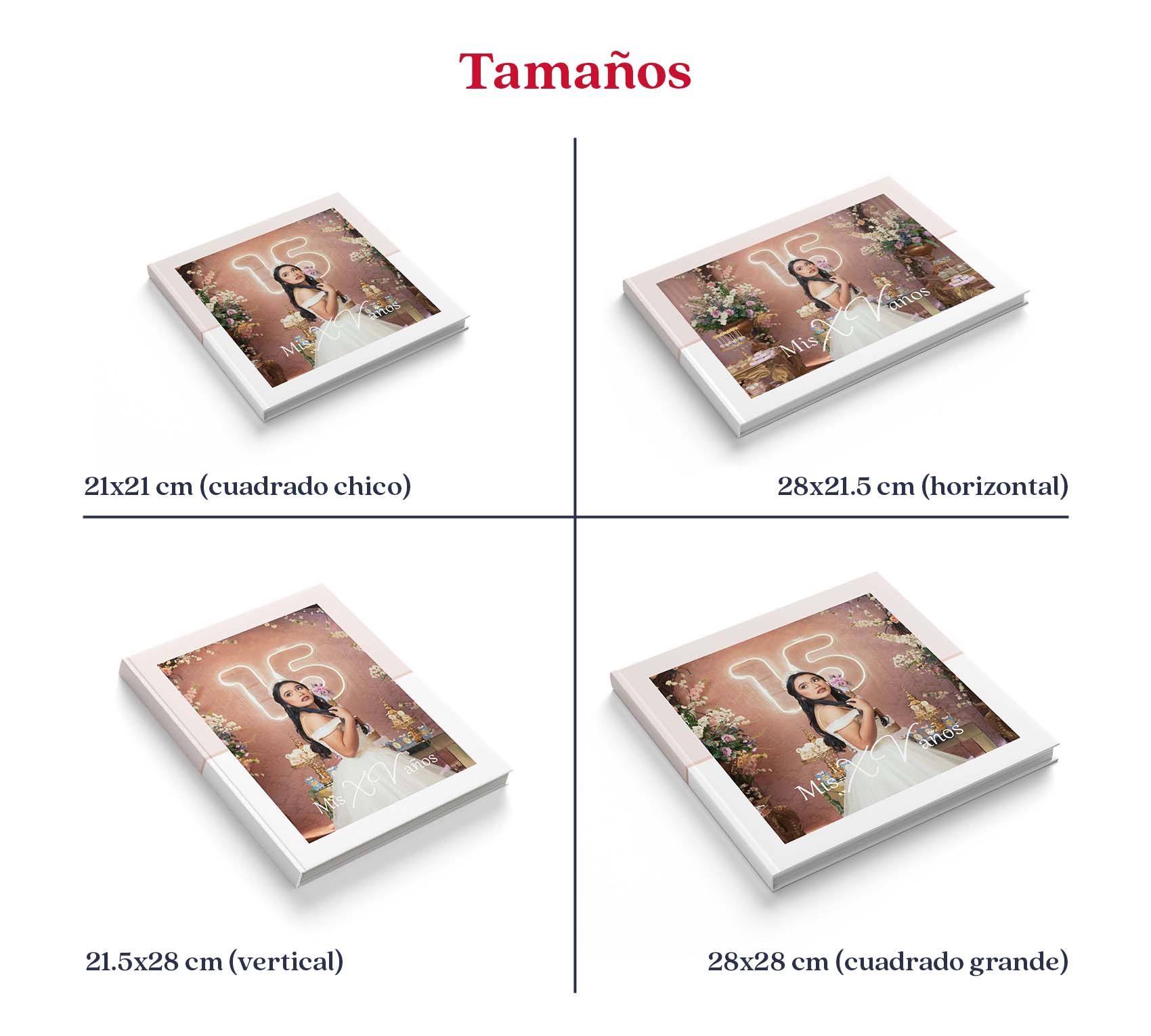 Medidas de photobook de XV años en pasta dura y pasta blanda.