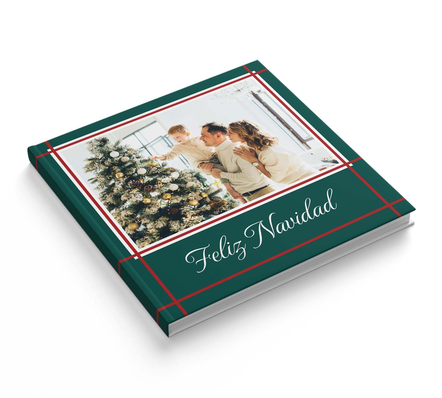 Álbum de fotos navideño con foto familiar y frase "Feliz Navidad".