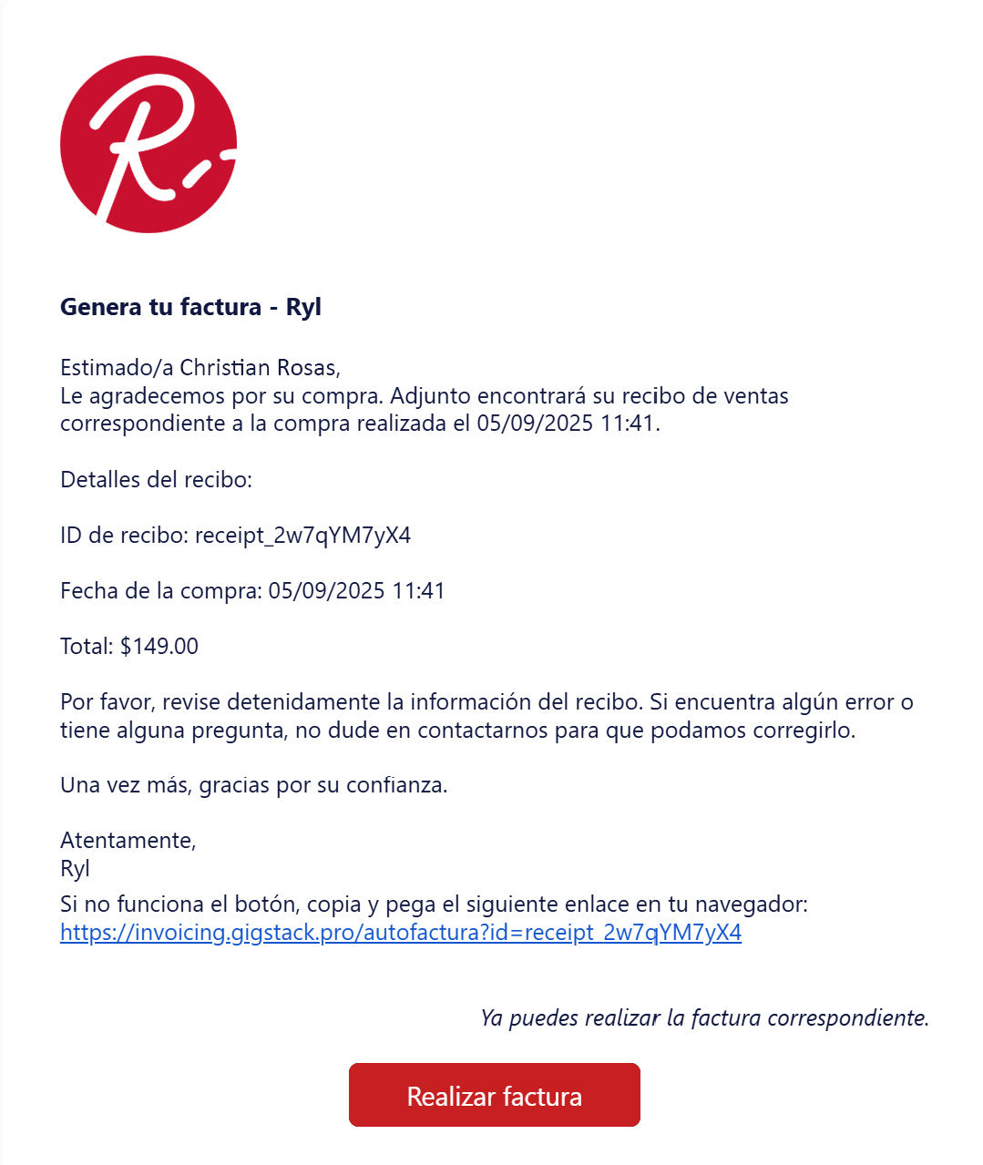 Correo para facturar compra en Ryl.