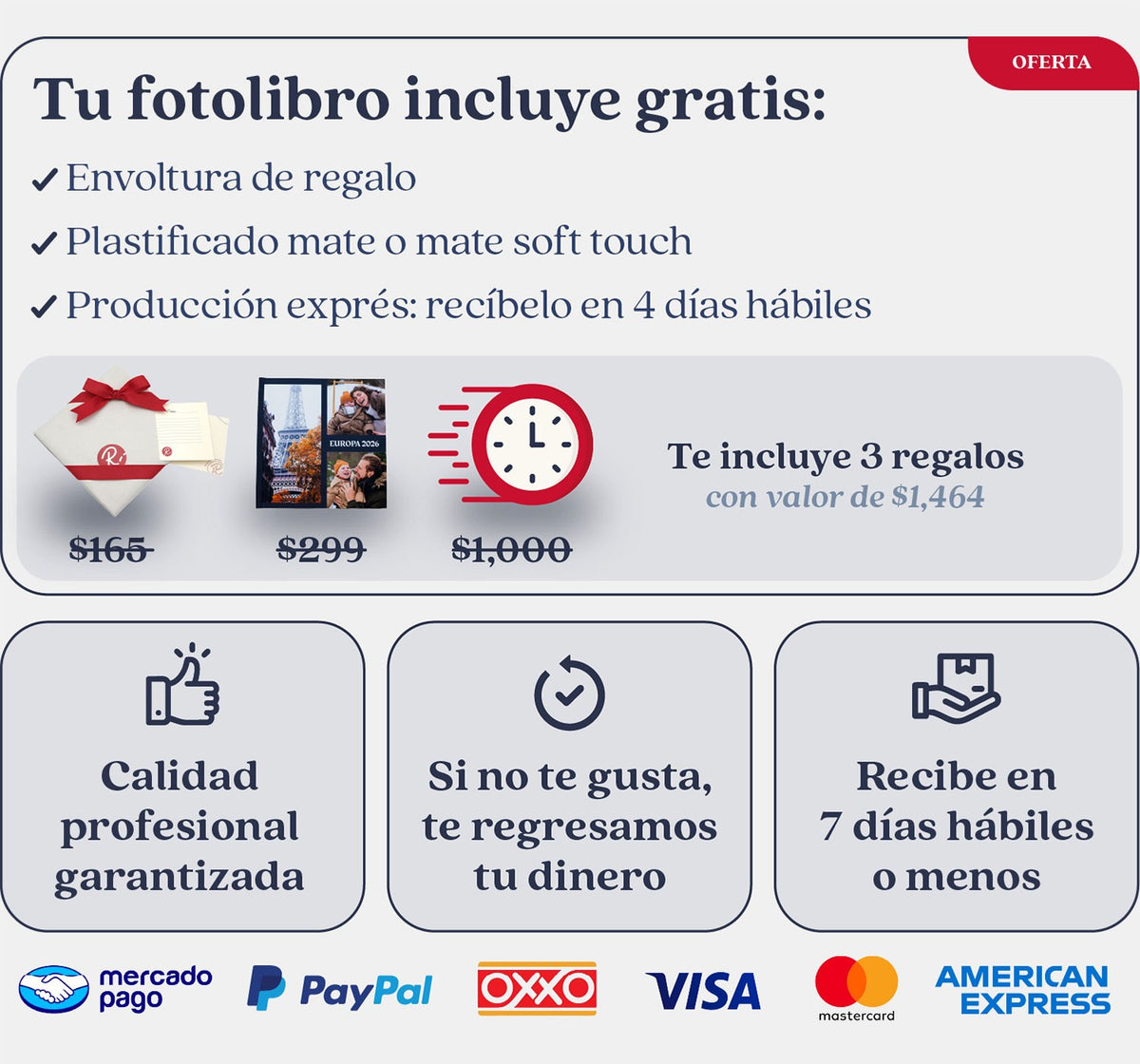 Formas de pago con logos: PayPal, Kueski VISA, Mastercard y American Express.