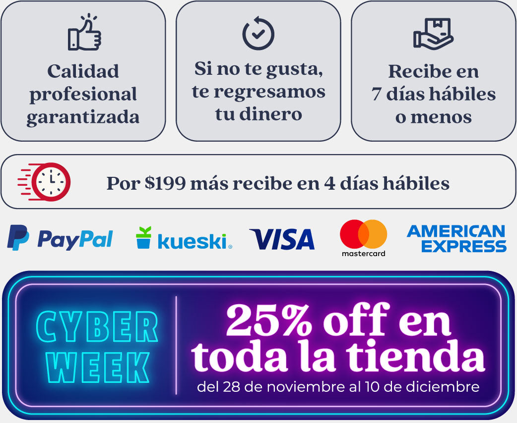 Formas de pago (PayPal, Kueski, Visa, Mastercard y AmEx) y 20% de descuento por Holiday Sale.