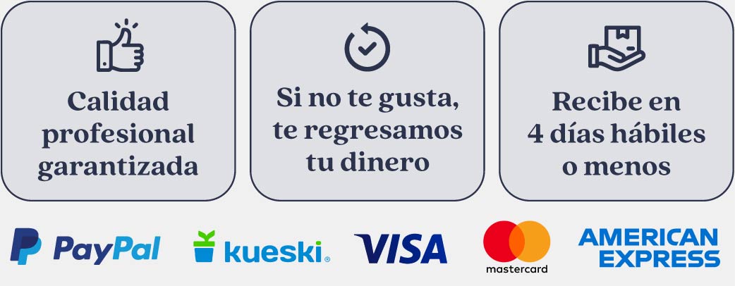 Formas de pago con logos: PayPal, Kueski VISA, Mastercard y American Express.