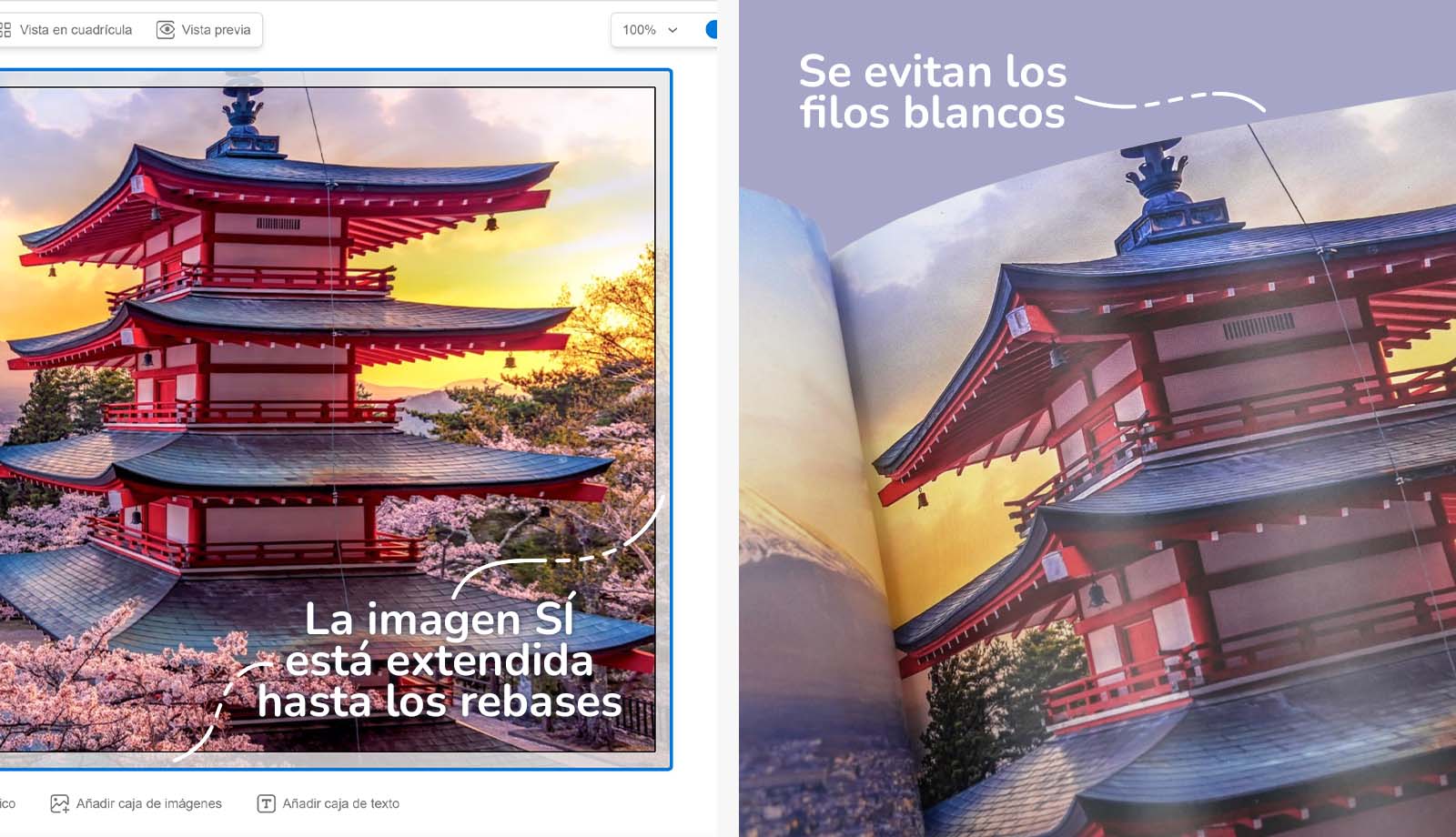 Impresión de photobook sin bordes blancos.