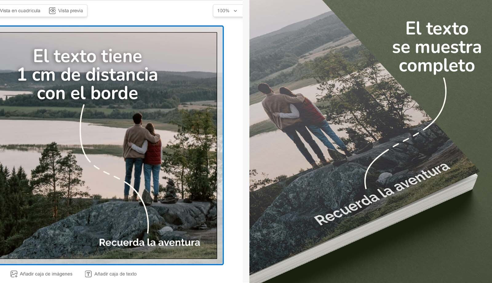 Título de portada completo y visible en fotolibro de viaje.