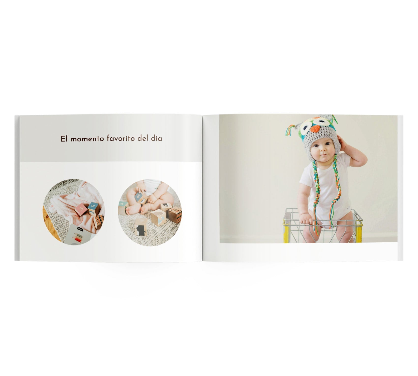 Interior de fotolibro con 3 fotos de bebé y el texto "El momento favorito del día".