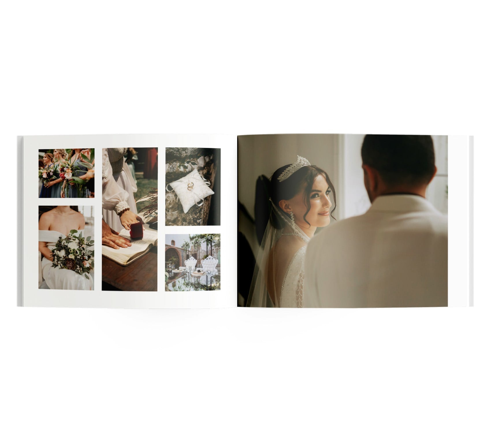 Interior de fotolibro con 6 fotos de pareja que se prepara para casarse.